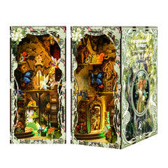 DIY book nook kit box trio view: front and side panels with forest scene display window