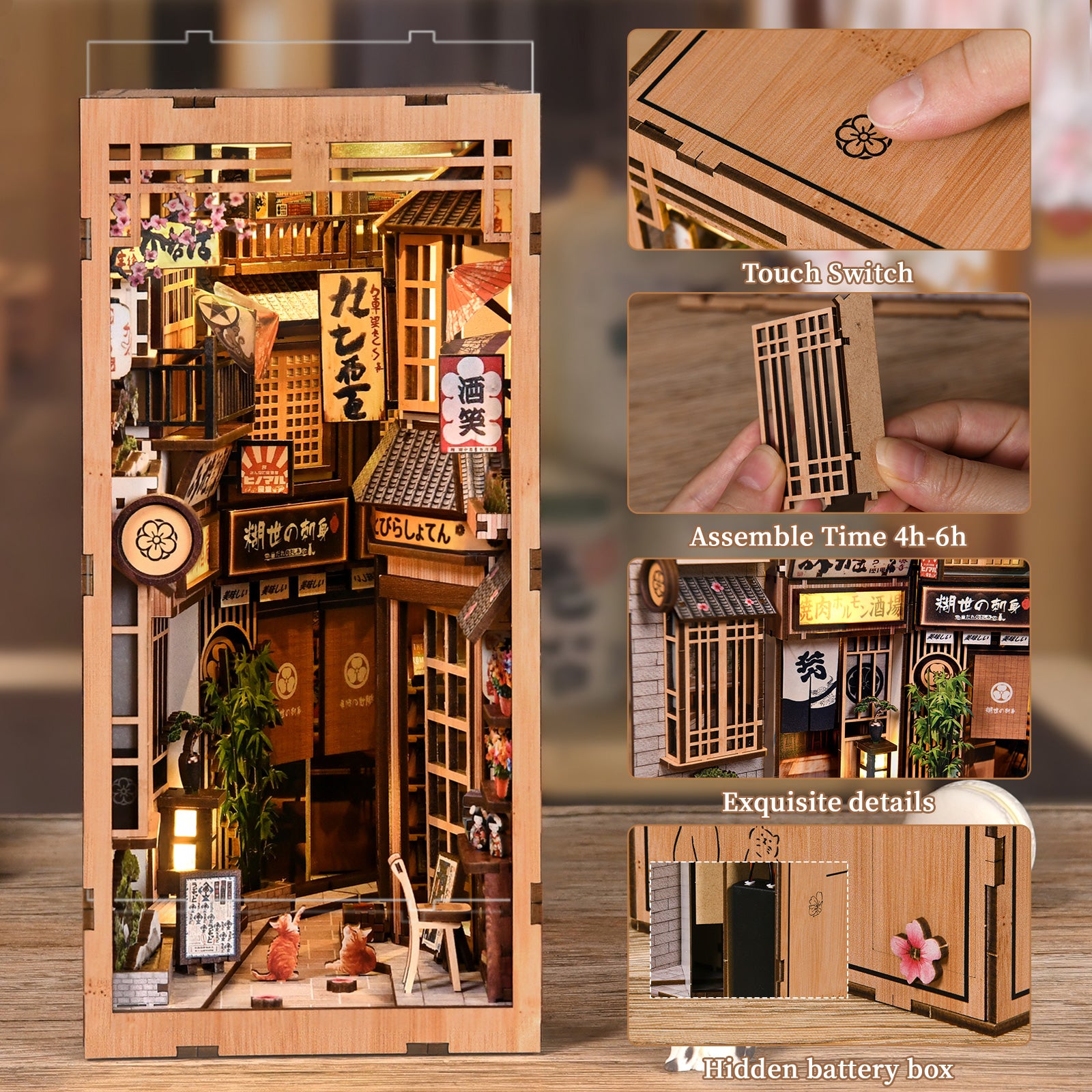 The image is a collage of four photos depicting a miniature wooden dollhouse with various details, including a wooden door, a wooden window, and a wooden bench.