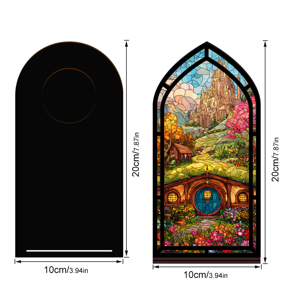 Arched book nook display with dimensions shown: 10cm wide, 20cm tall; black base.