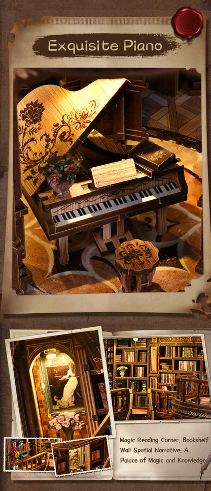 The image is a collage of three photographs depicting a grand piano, a bookshelf, and a room with a fireplace. The collage is titled "Exquisite Piano" and includes text that describes the scene as a "Magic Reading Corner, Bookshelf, Wall Spatial Narrative, A Palace of Magic and Knowledge".