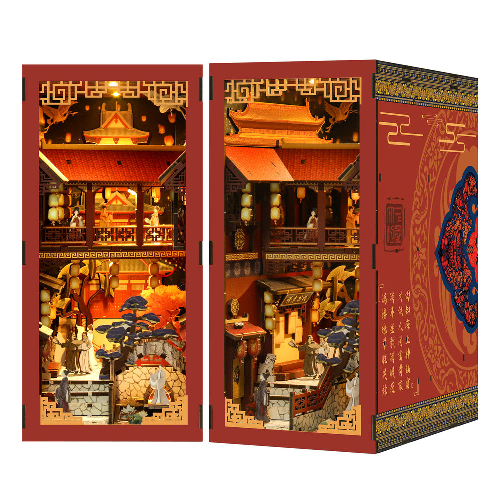DIY book nook kit boxes side by side, red gold panels and courtyard scene from two angles