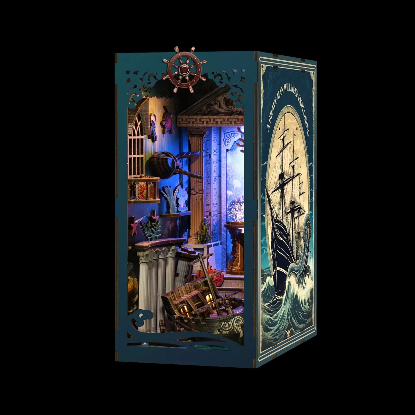 A miniature diorama depicting a ship's interior with various nautical elements, including a ship's wheel, a lighthouse, and a treasure chest.