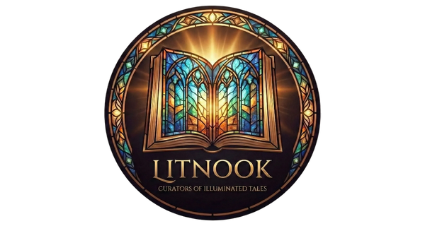 Logo of Litnook with stained glass book design on a transparent background