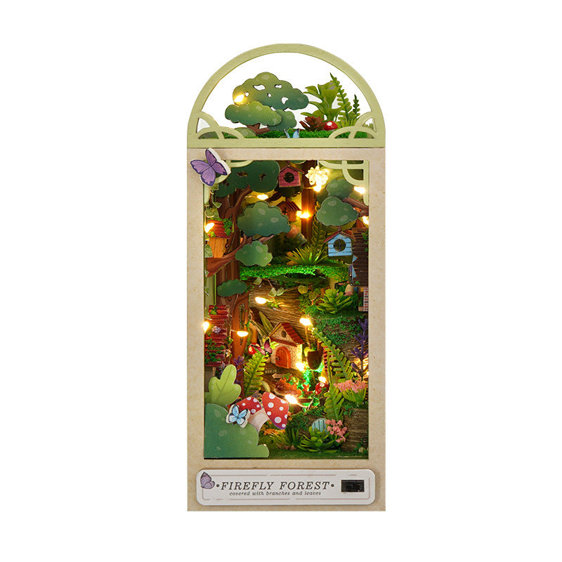 Wooden DIY book nook kit with arched handle, glowing forest scene visible