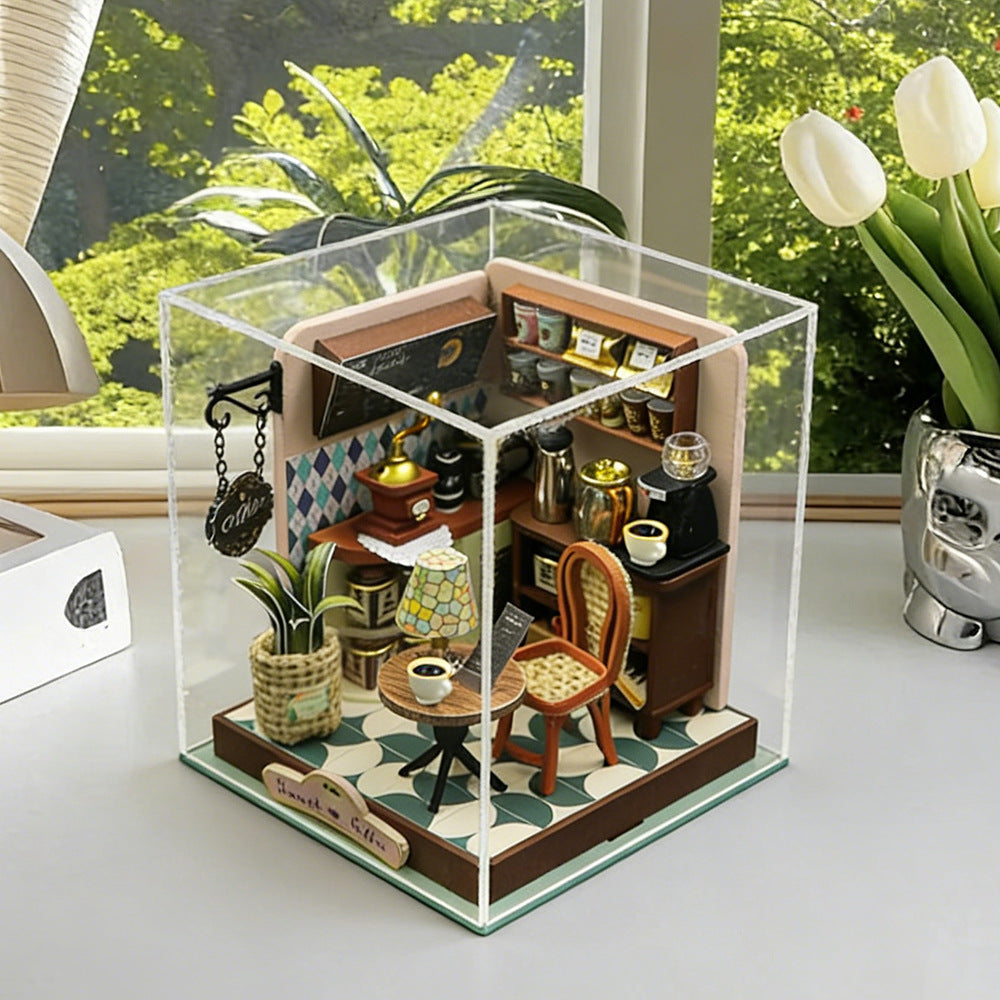 Mini coffee shop room box diorama kit in clear display cover with open front