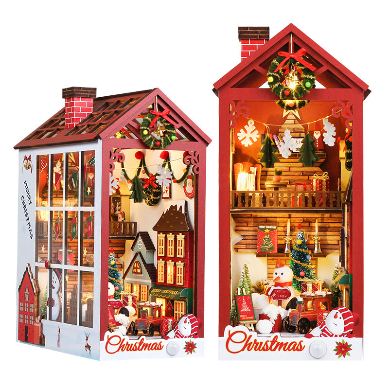 Miniature Christmas book nook shelf insert set, red house design with trees, garlands, and lights
