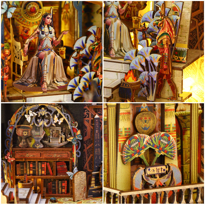 Golden-brown wooden miniature book nook showing multiple decorated interior scenes