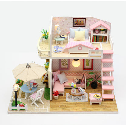 Hongda cross-border loft handmade wooden puzzle DIY cabin building assembly toy model children building block ornament