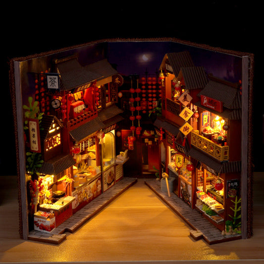Oriental Food Street Book Nook Kit (Asian Night Market Bookshelf, Wooden DIY Miniature Foodie Craft Gift)