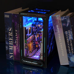Cyberpunk city book nook kit box with glowing blue interior scene and miniature buildings