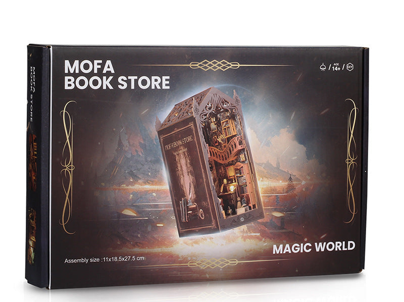 DIY miniature book nook kit retail box with illustrated glowing library diorama