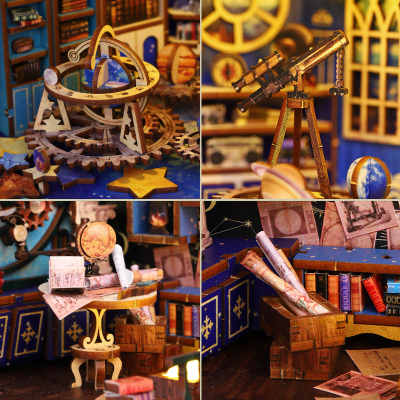 Wooden space craft kit interior details: gears, telescope, books, and small figurines