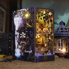 Pirate DIY book nook kit box with illuminated mini ship bookshelf diorama, gold and blue