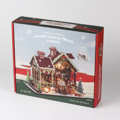 DIY miniature warm Christmas lodge kit box with house illustration and window