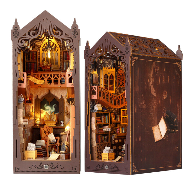 Miniature book nook diorama showing open front view and dark side panel