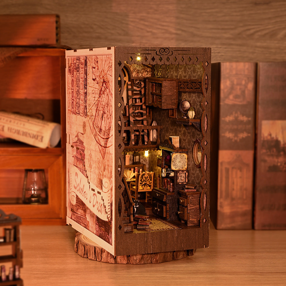 Wooden mini book nook angled view with open passage and glowing lamp light