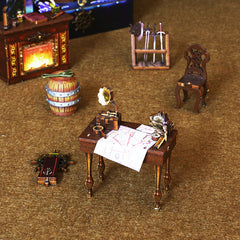 Pirate DIY book nook accessories set: mini table, chair, bottles, barrel and map pieces