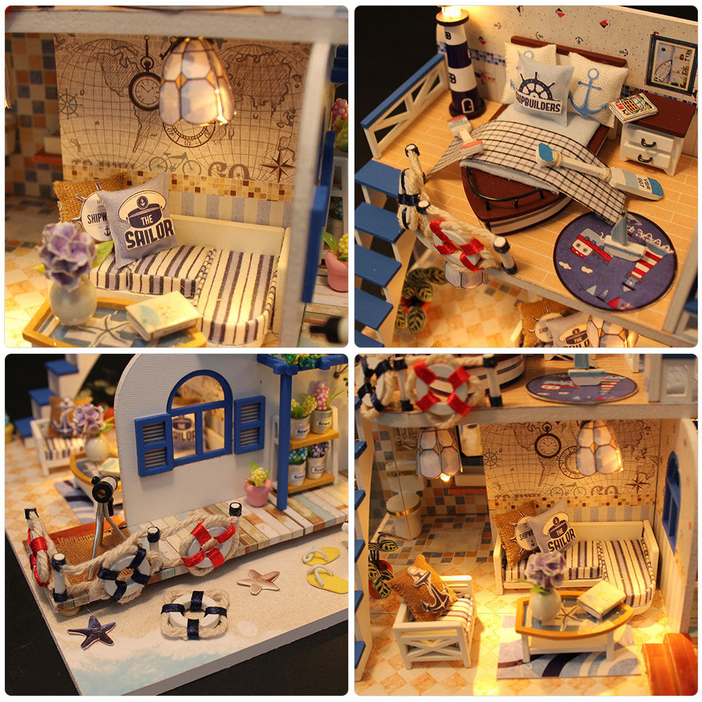 DIY miniature craft kit dollhouse interior with lamp, beds, striped textiles, and tiny props