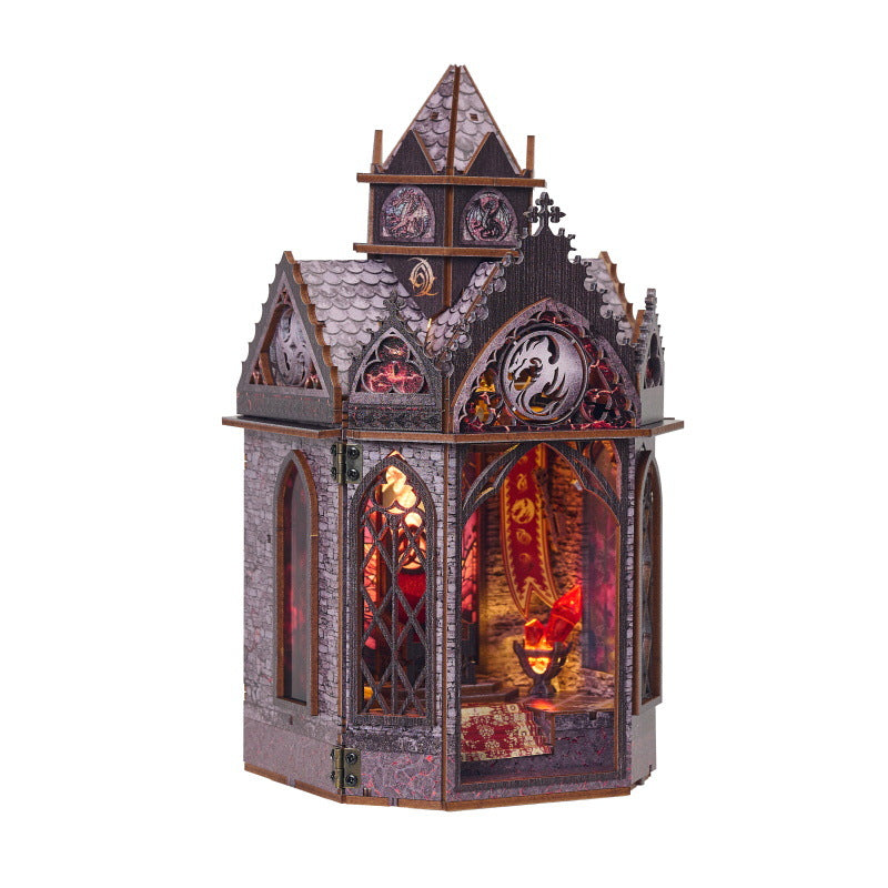 Wooden fantasy miniature tower with glowing lantern-like centerpiece and decorative side panels