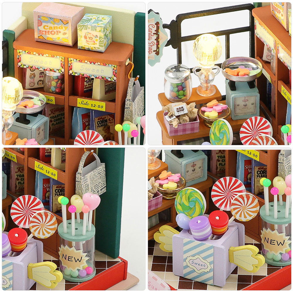 Miniature candy shop diorama close-ups with lit glass lamps, jars, and candy items