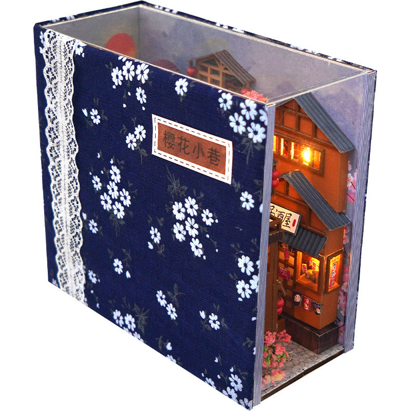Japanese style DIY book nook kit box, blue floral cover with windowed mini room