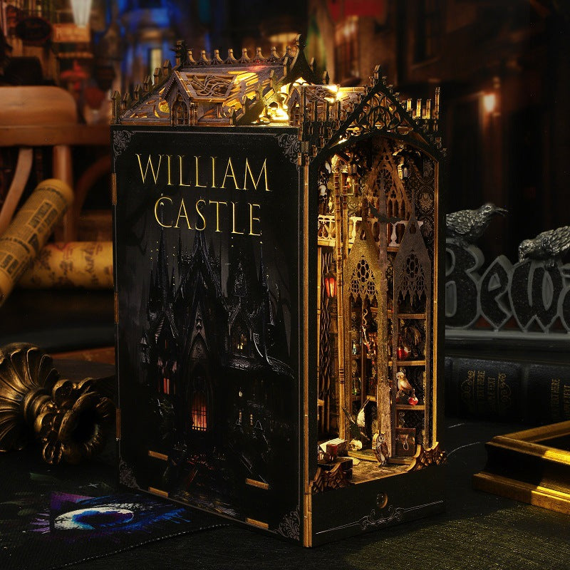 Miniature gothic castle bookshelf DIY book kit, dark cover with William Castle title