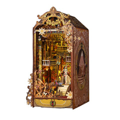 Ornate golden-brown wooden book nook miniature with open door and arched window