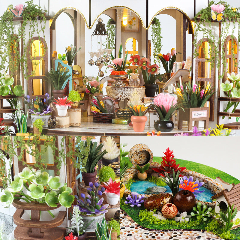 Miniature dollhouse diorama with detailed interior plants and exterior garden pond with flowers