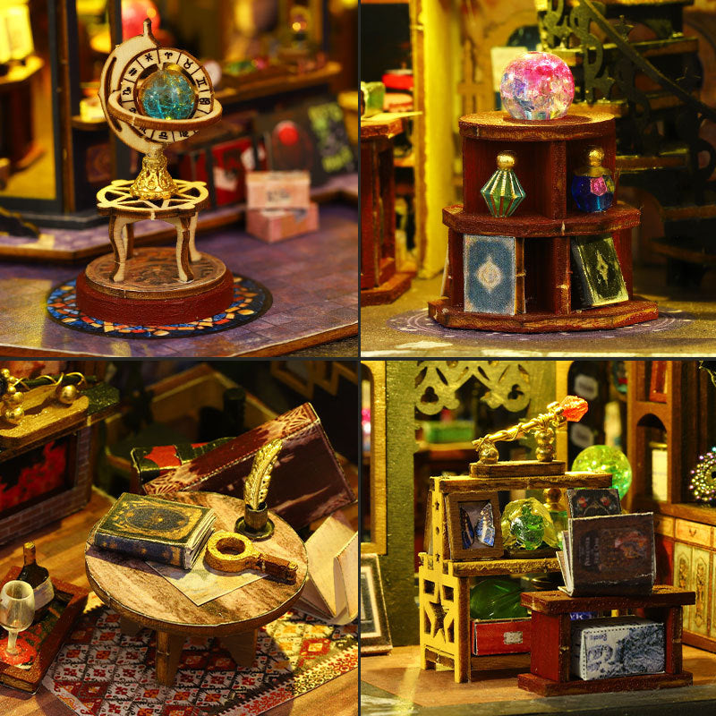 Miniature interior details: globe lamp, desk items, and small shelves with colorful ornaments