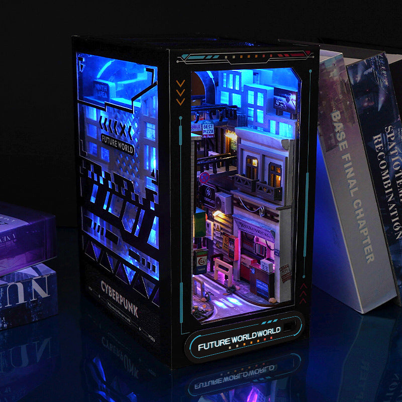 Cyberpunk city book nook kit box set with blue-lit miniature city and glowing details