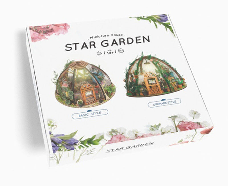 Star Garden miniature house kit box with domed greenhouse illustrations.