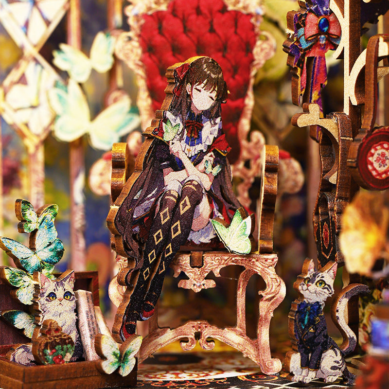 Miniature elf figure and small animals on a decorative base with butterflies