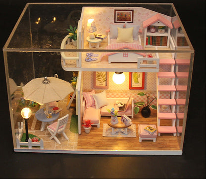 DIY Miniature Craft Kits: Pink Loft Apartment with light - Pastel Home Decor (Wooden Puzzle Gift)