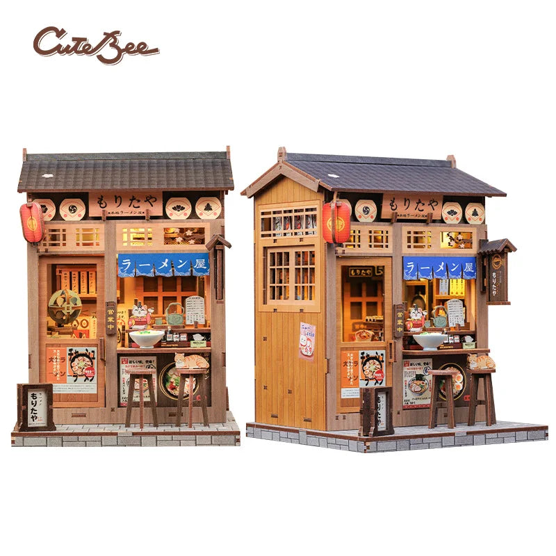 Miniature 3D wooden book nook ramen storefront with tan facade and hanging lantern details