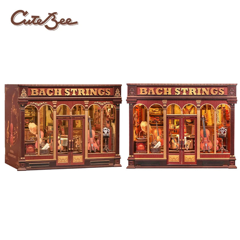 Miniature 3D wooden book nook storefront with arched windows and red facade
