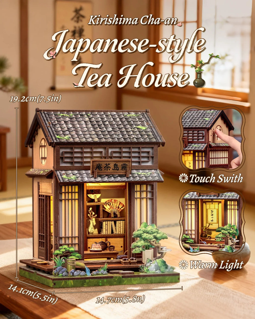 Miniature wooden tea-house style building with open front, warm light, and potted greenery