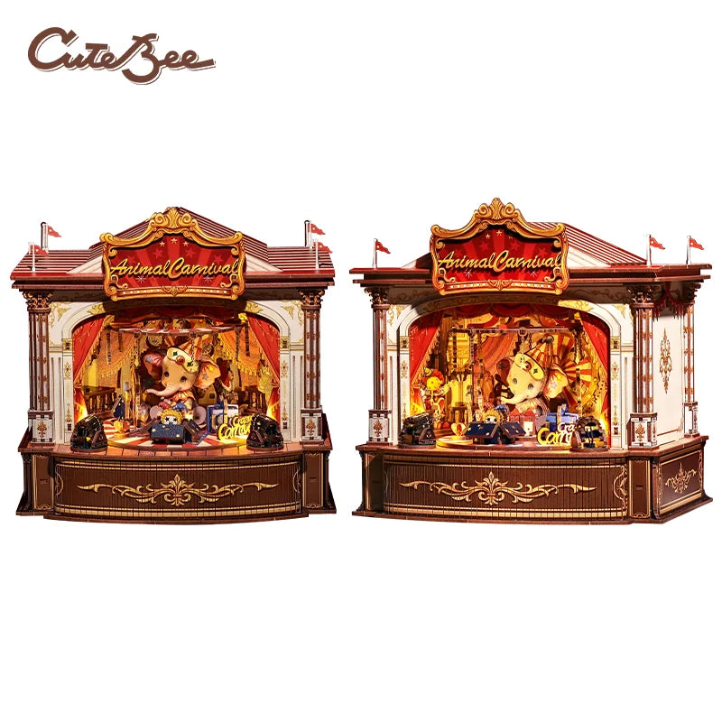 Miniature 3D wooden book nook carousel facade with red awning and decorative signage