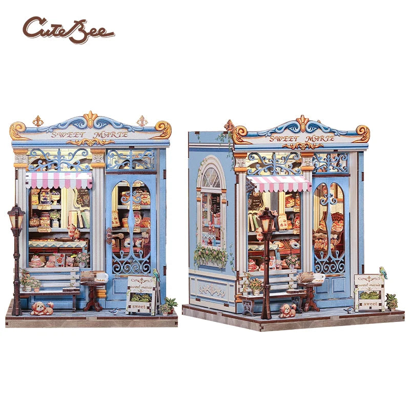 3D wooden puzzle storefront with blue "Sweet Mart" facade and striped awning