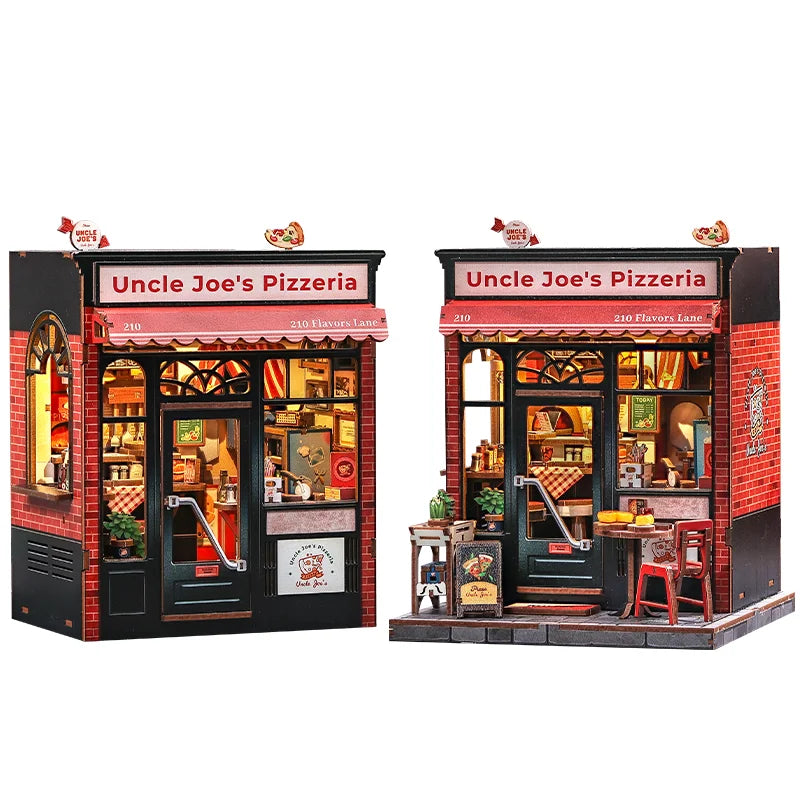 3D wooden puzzle storefront with red "Uncle Joe's Pizzeria" sign and front entrance