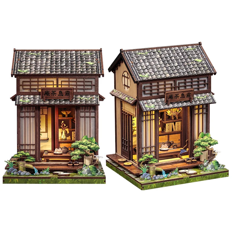 Miniature 3D wooden book nook building kit, two-story house with green roof and lit windows