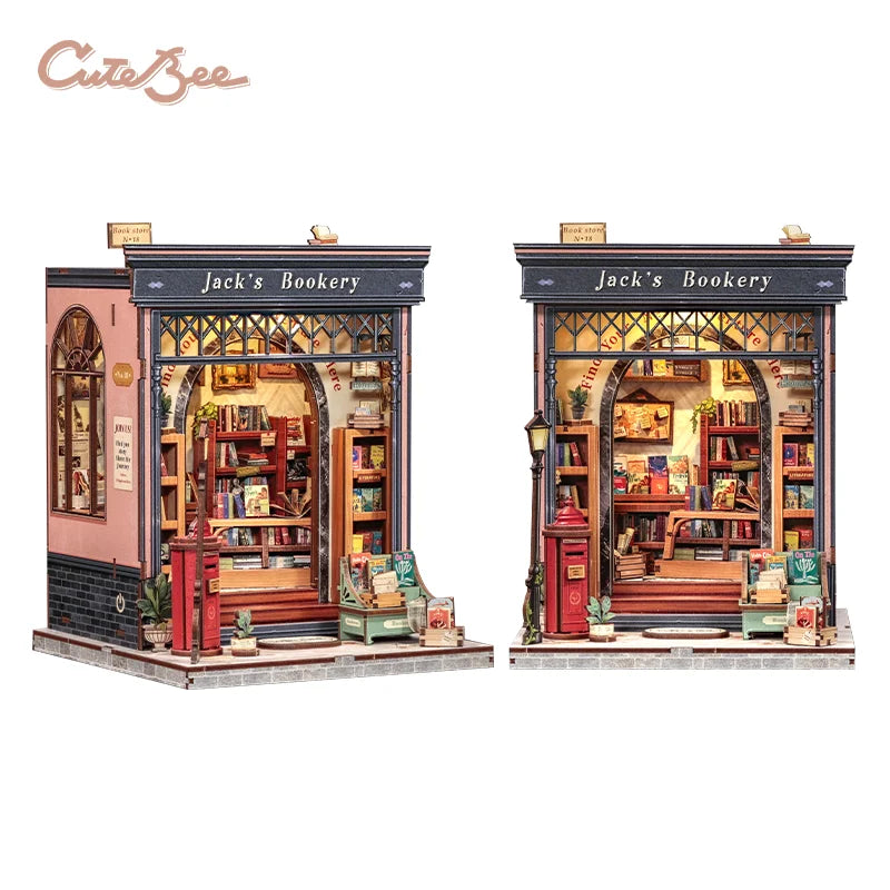 3D wooden puzzle storefront with black "Jack's Bookery" facade and bookshelves