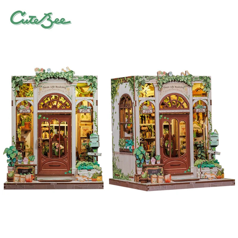 Miniature 3D wooden book nook storefront with arched windows, green doors, and floral borders