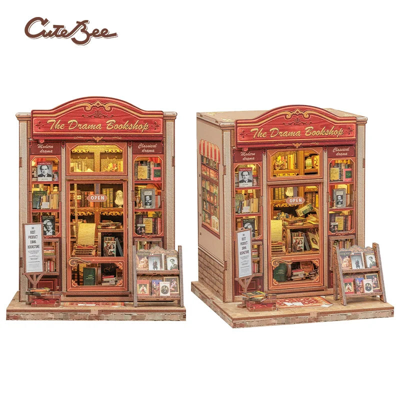 3D wooden puzzle storefront with red "The Drama Bookshop" facade and open door