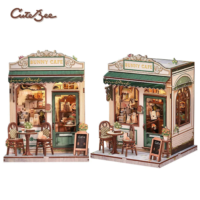 3D wooden puzzle storefront with green "Sunny Cafe" sign and cafe seating