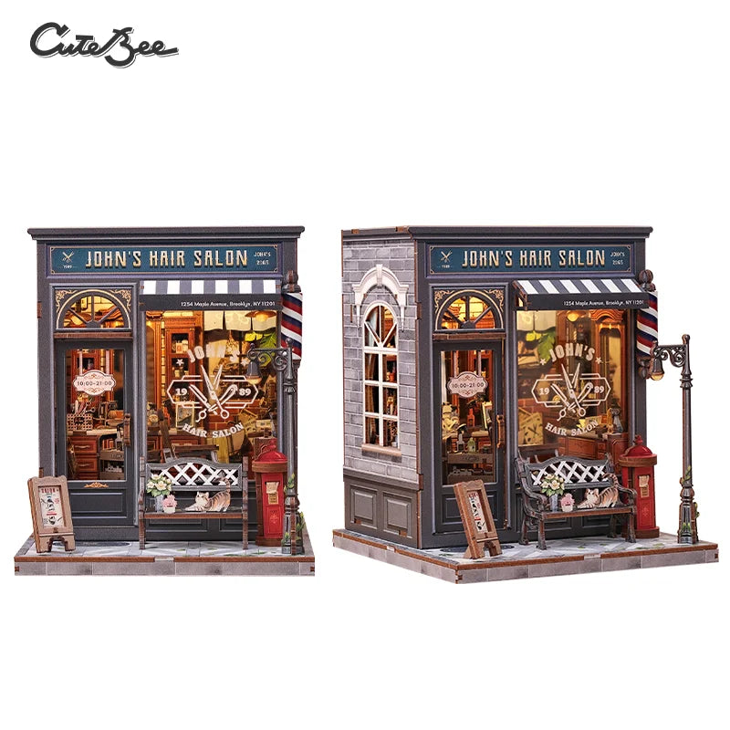 3D wooden puzzle storefront with dark facade and "John's Hair Salon" sign