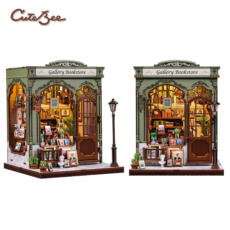 3D wooden puzzle storefront with green facade and "Gallery Bookstore" arch entrance