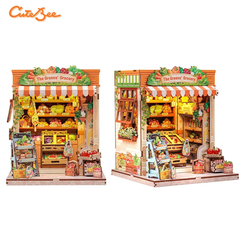 3D wooden puzzle storefront with orange awning labeled "The Greens Grocery" and produce