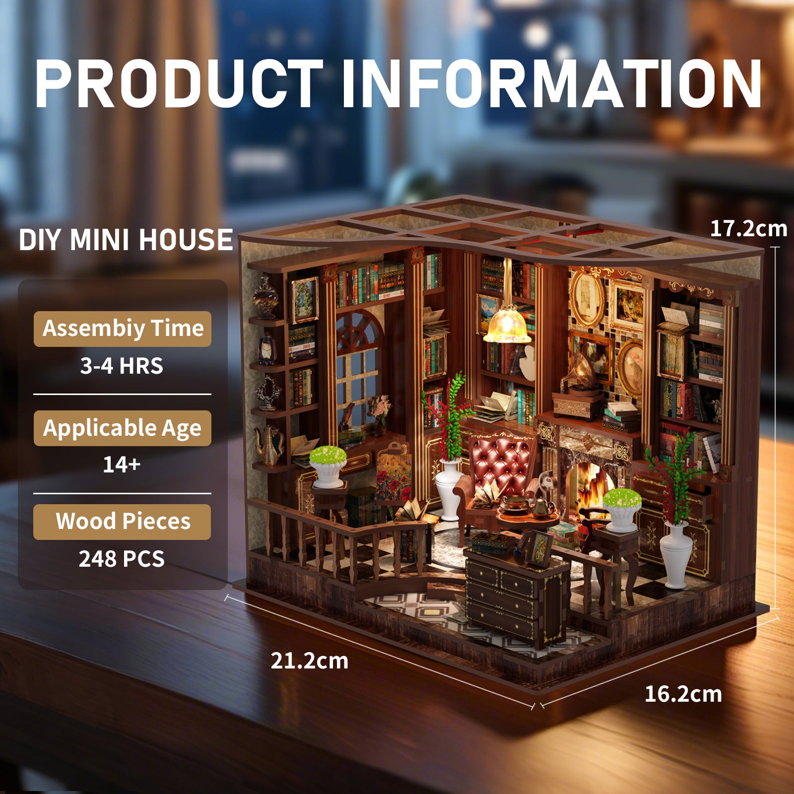DIY mini house kit with furnished wooden room interior and glowing table lamp