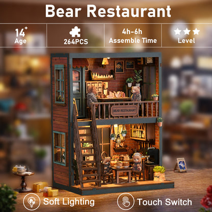 The image is a detailed miniature model of a bear restaurant, featuring a cozy interior with a dining area, a balcony, and various decorative elements such as potted plants and vases.
