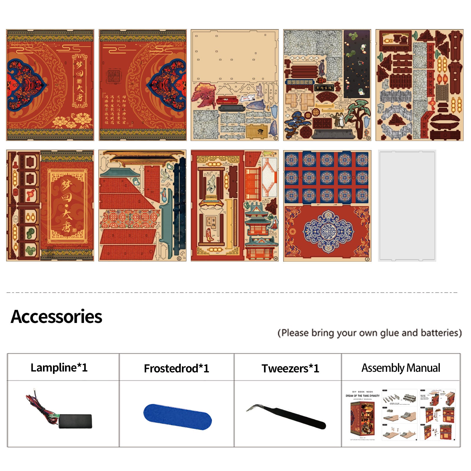 DIY book nook kit accessory set with lamp piece, frosted rod, tweezers, manual